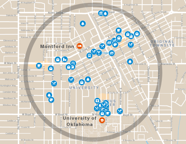 Map of Norman OK with local attractions and University of Oklahoma within walking distance
