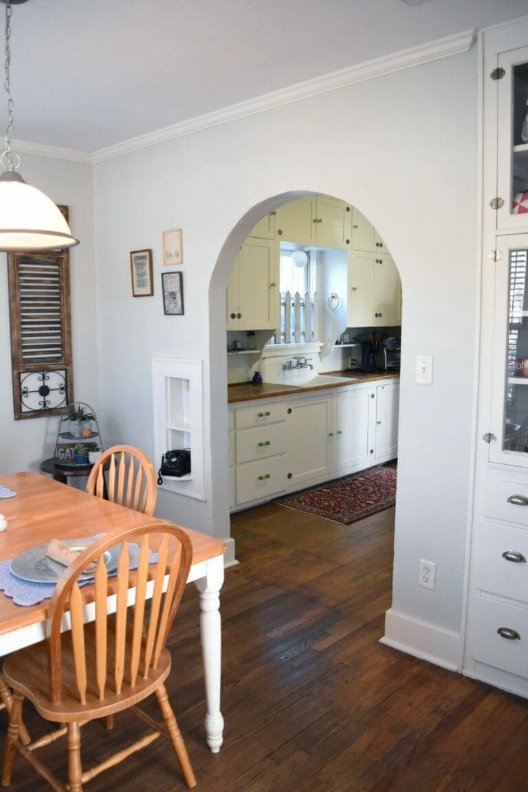 Dining area into kitchen in cottage of bed and breakfast in Norman, Oklahoma.